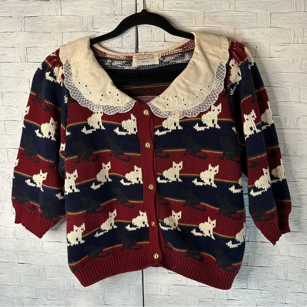 Vintage kitty cat sweater with Peter Pan lace collar, puff sleeves, made in USA
